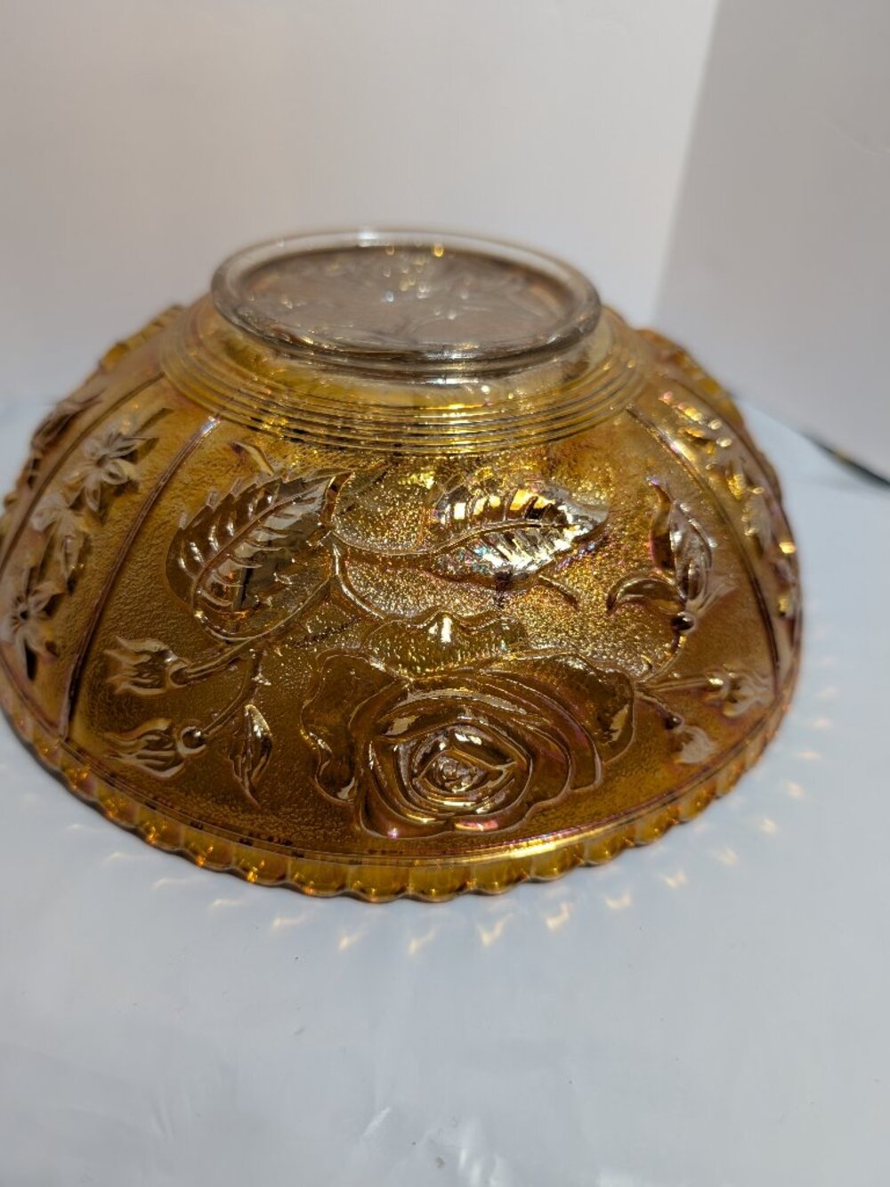 Vintage Imperial Marigold Carnival Glass Bowl Rose Floral Pattern Iridescent 8"
